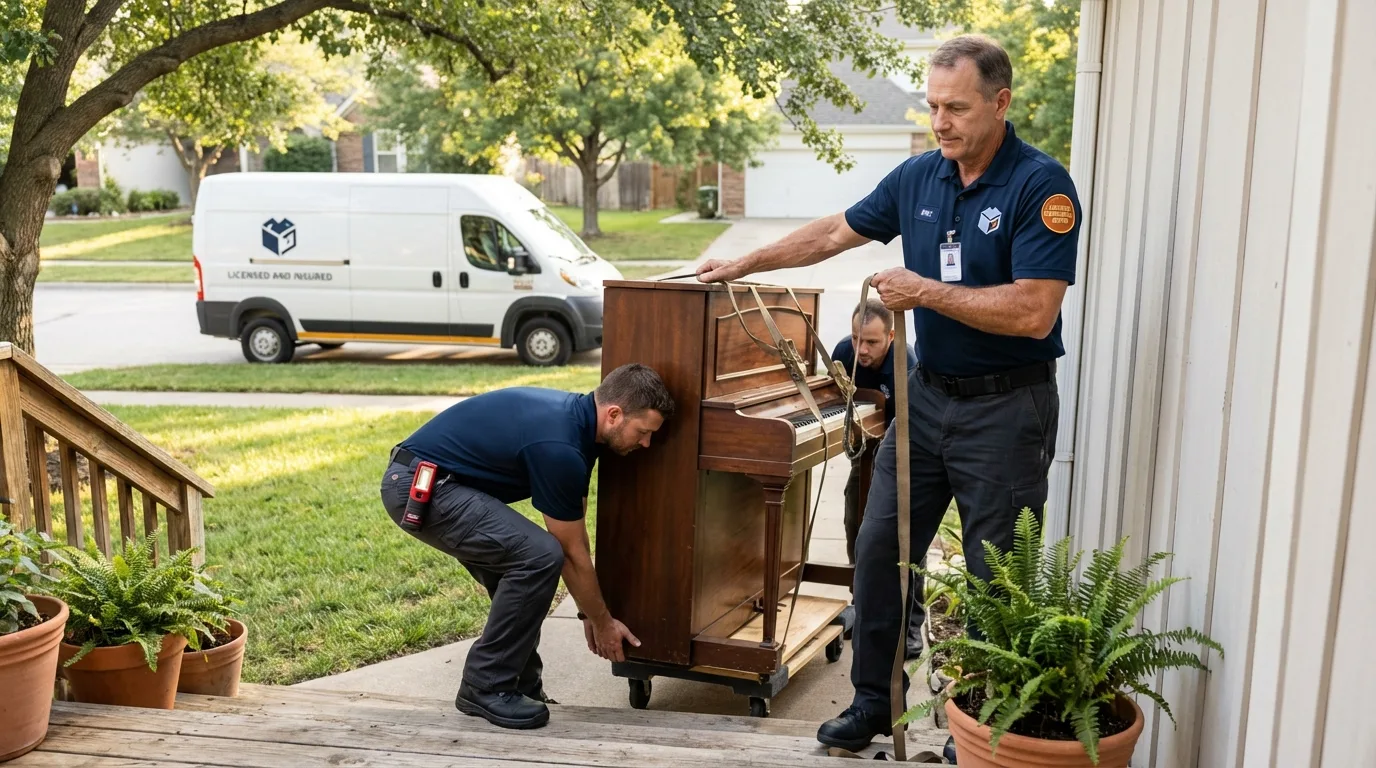 Licensed piano movers securing grand piano in Meigs, GA
