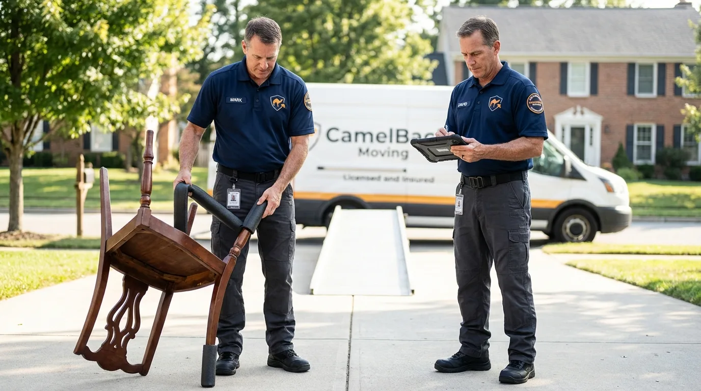 Movers inspecting furniture for damage prevention before loading in Meigs, GA
