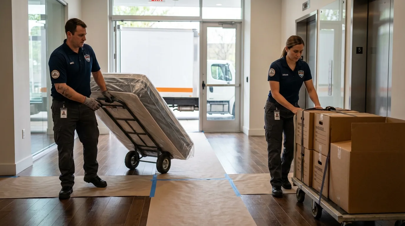 Professional apartment movers loading elevator in Meigs, GA